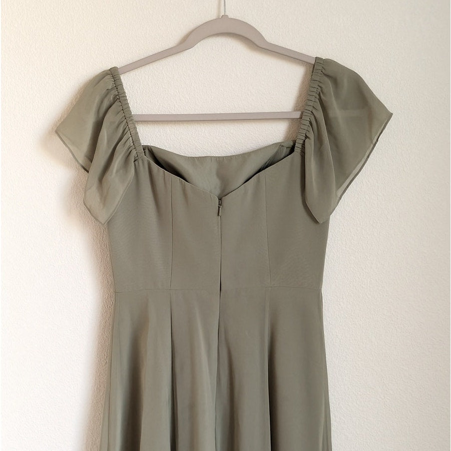 Anthropologie Jenny Yoo Elsie Off Shoulder Flutter Sleeve Green Chiffon Dress, sz 2