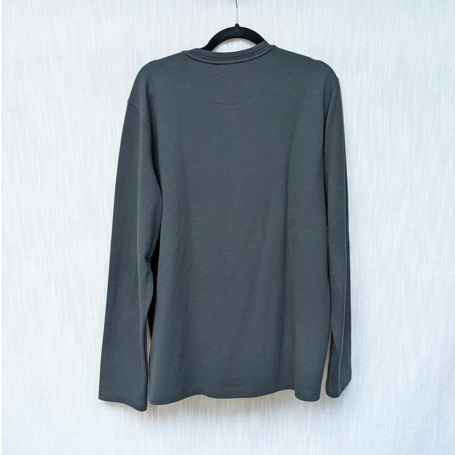 Vince. Dark Green Garment Dye Cotton Long-Sleeve Henley Shirt Top, size L
