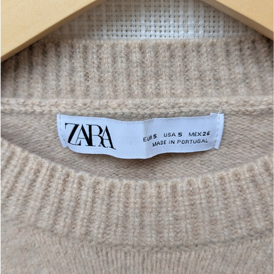 Zara Beige Cashmere/Wool Crewneck Long Sleeve Sweater, size S