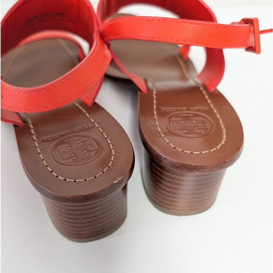 Tory Burch Lowell Orange Red Leather Logo Block Heel Sandals Women's 7M