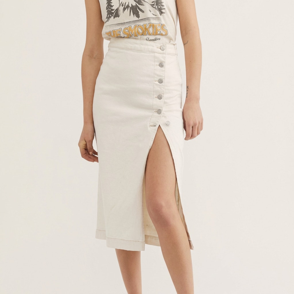 Free People Skirt Womens 0 White Denim Pencil Straight Jasmine Button Midi NWT