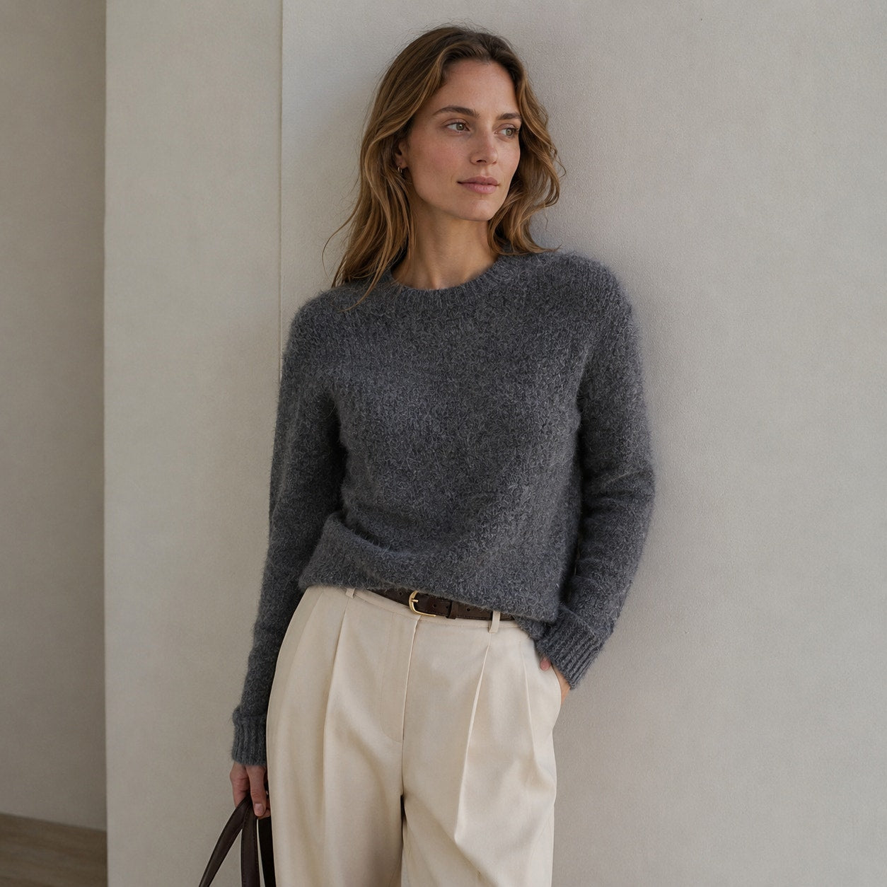 Massimo Dutti Sweater Womens S Gray Fuzzy Crewneck Long Sleeve Italy Pullover