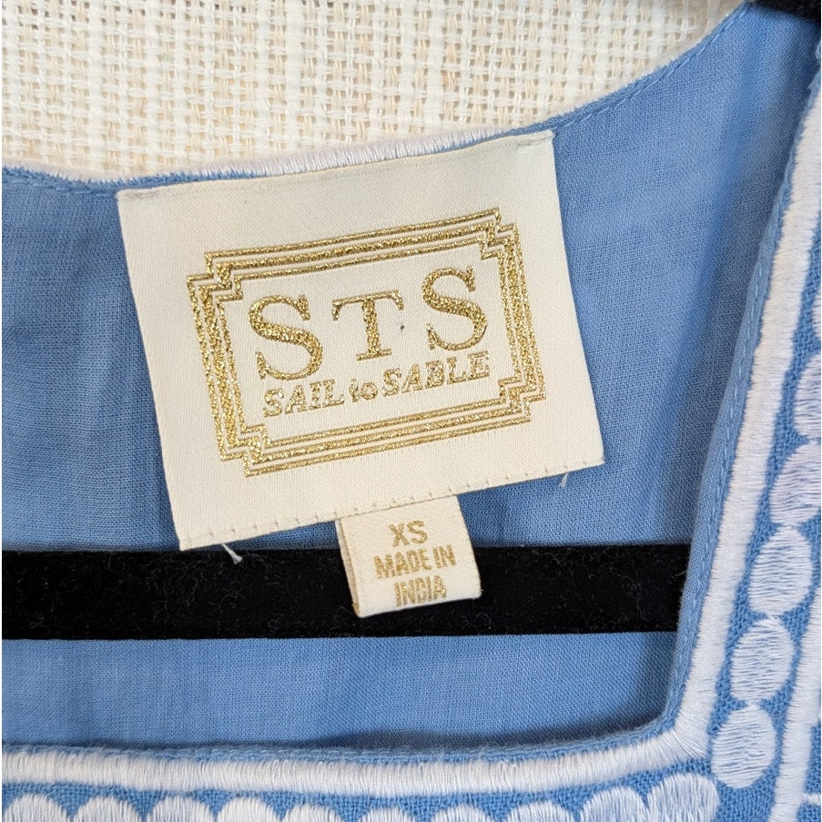STS Sail to Sable Blue White Embroidered Floral Linen Sleeveless Mini Dress XS