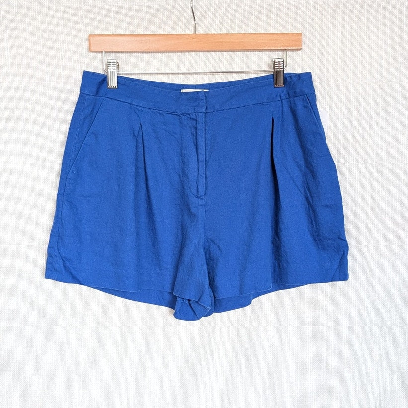 L'agence Linen Blend Mini Shorts with Elegant Drape Womens 10 Blue High Waist