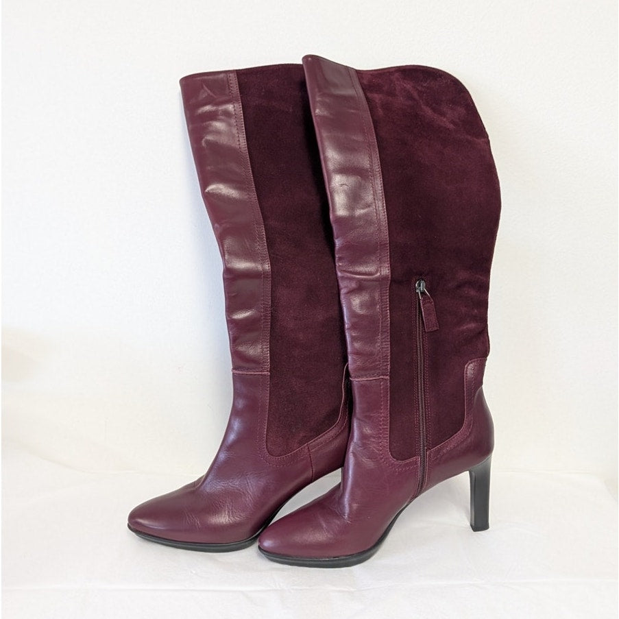 Aquatalia Wine Burgundy Leather Suede Knee-High Boots Womens 10 High Heel
