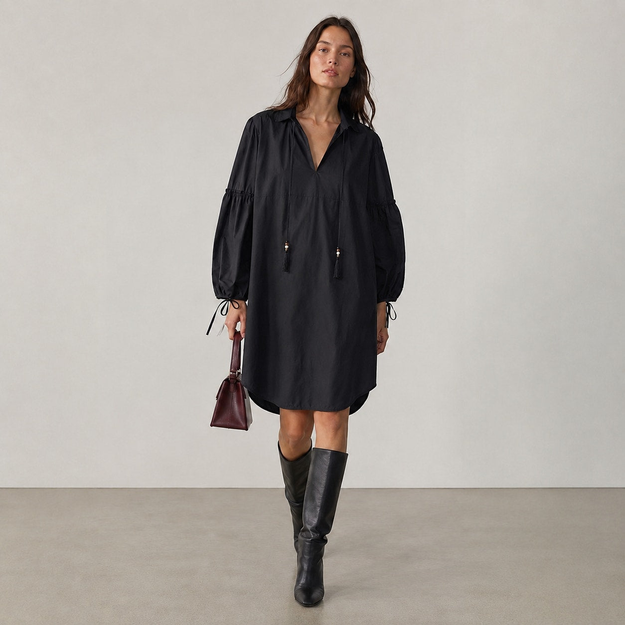Max Mara Fedora Tasseled Cotton Poplin Shirt Midi Dress Womens 8 Black Relaxed