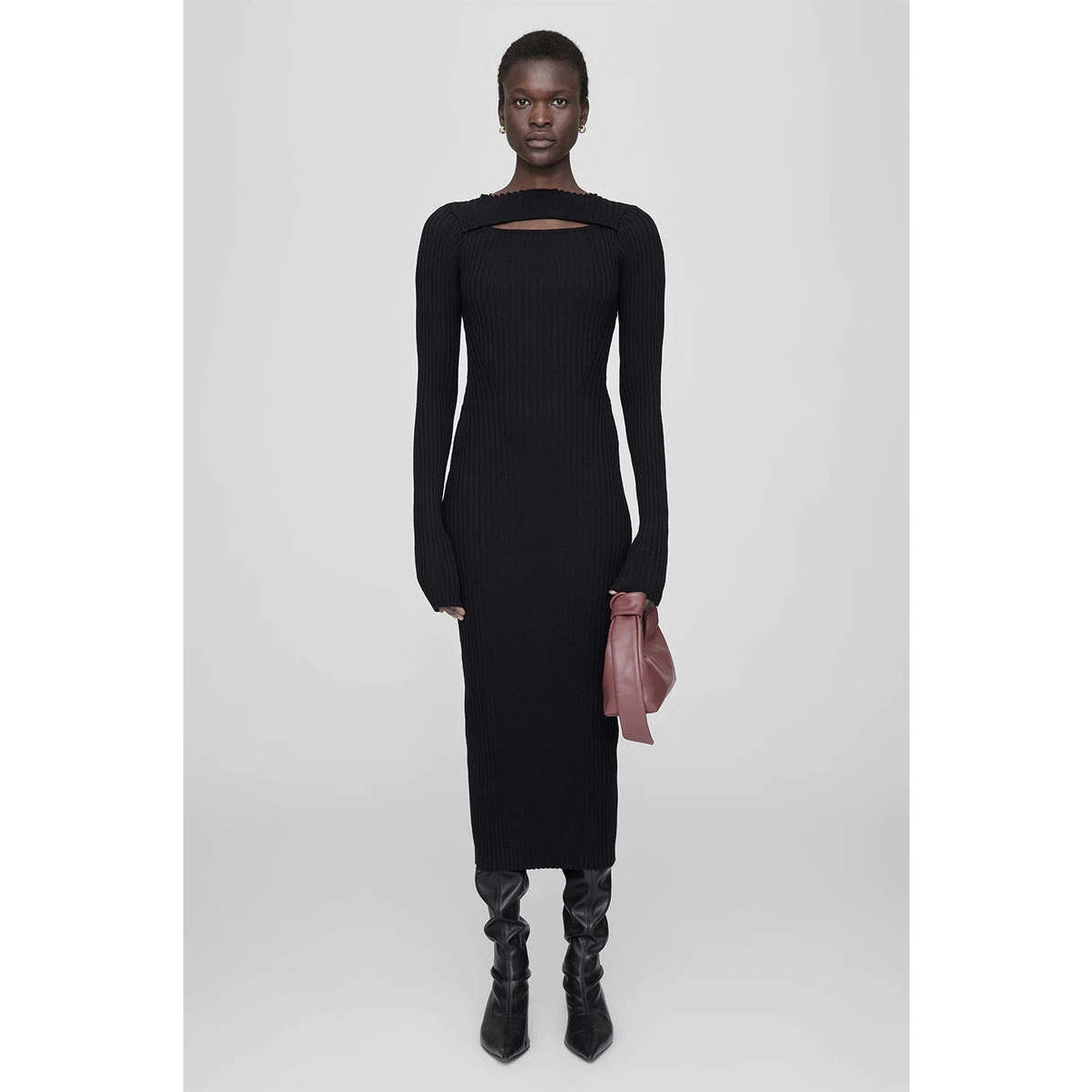Anine Bing Lora Dress Womens S Black Rib Cutout Long Sleeve Bodycon Midi