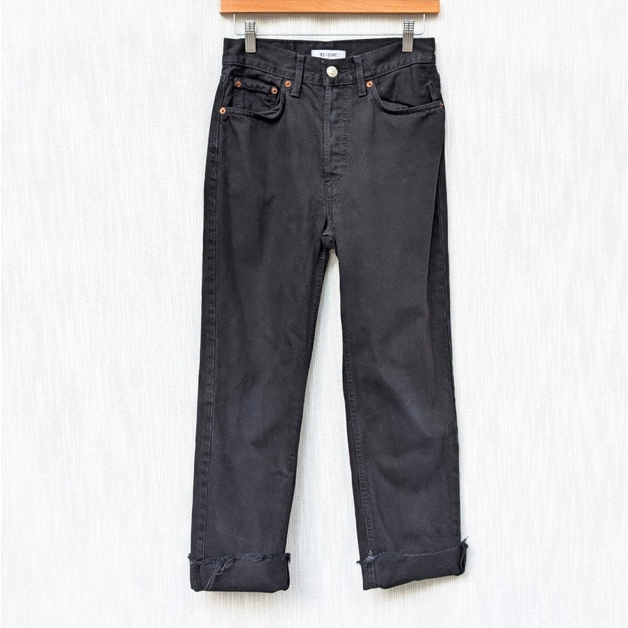 RE/DONE Stove Pipe Black Denim High-rise Raw Hem Cropped Jeans, size 25