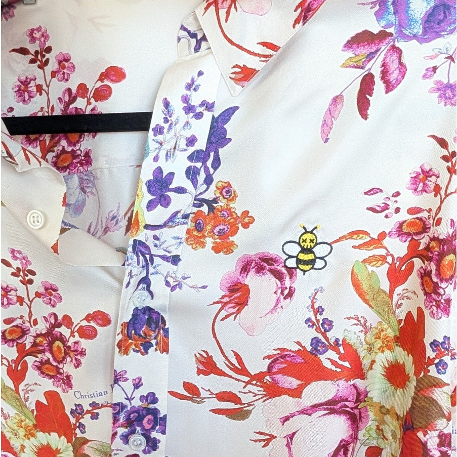 DIOR x KAWS 2019 Bouquet De Fleurs Shirt Womens US 39/M Floral Silk Button-up