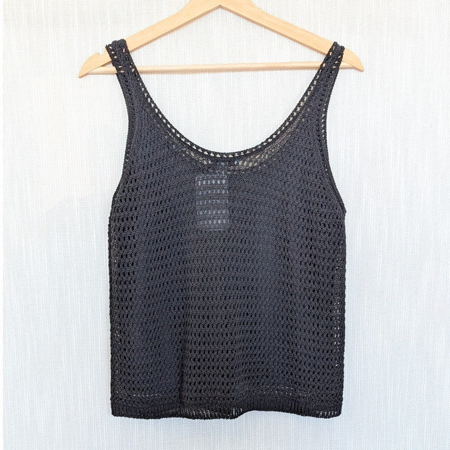 Vince Tank Womens M Black Cotton Knit Crochet Sleeveless Round Neck