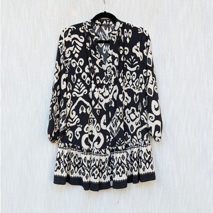 Zara Dress Womens S Black/White Printed Long Sleeve V-neck Relaxed Shirt Mini
