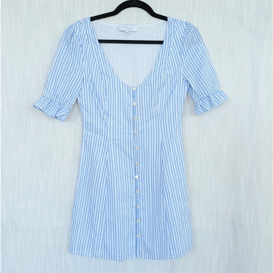 L'Academie Belize Mini Dress Womens XS Sky Striped Cotton Button Front Shirt