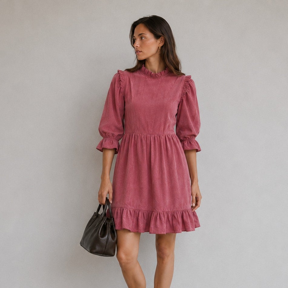 Batsheva Short Prairie Mini Dress in Raspberry Moiré Womens 8 3/4 Sleeve Mock