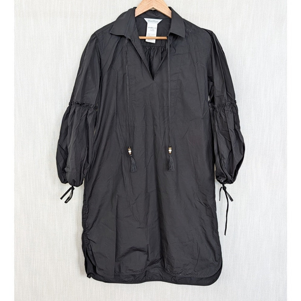 Max Mara Fedora Tasseled Cotton Poplin Shirt Midi Dress Womens 8 Black Relaxed