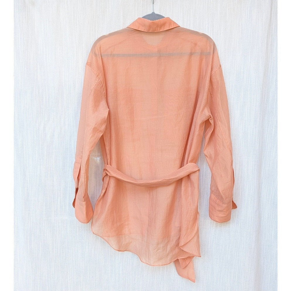 English Factory Shirt Womens S Peach Sheer Button-up Tie Waist Long Sleeve Long