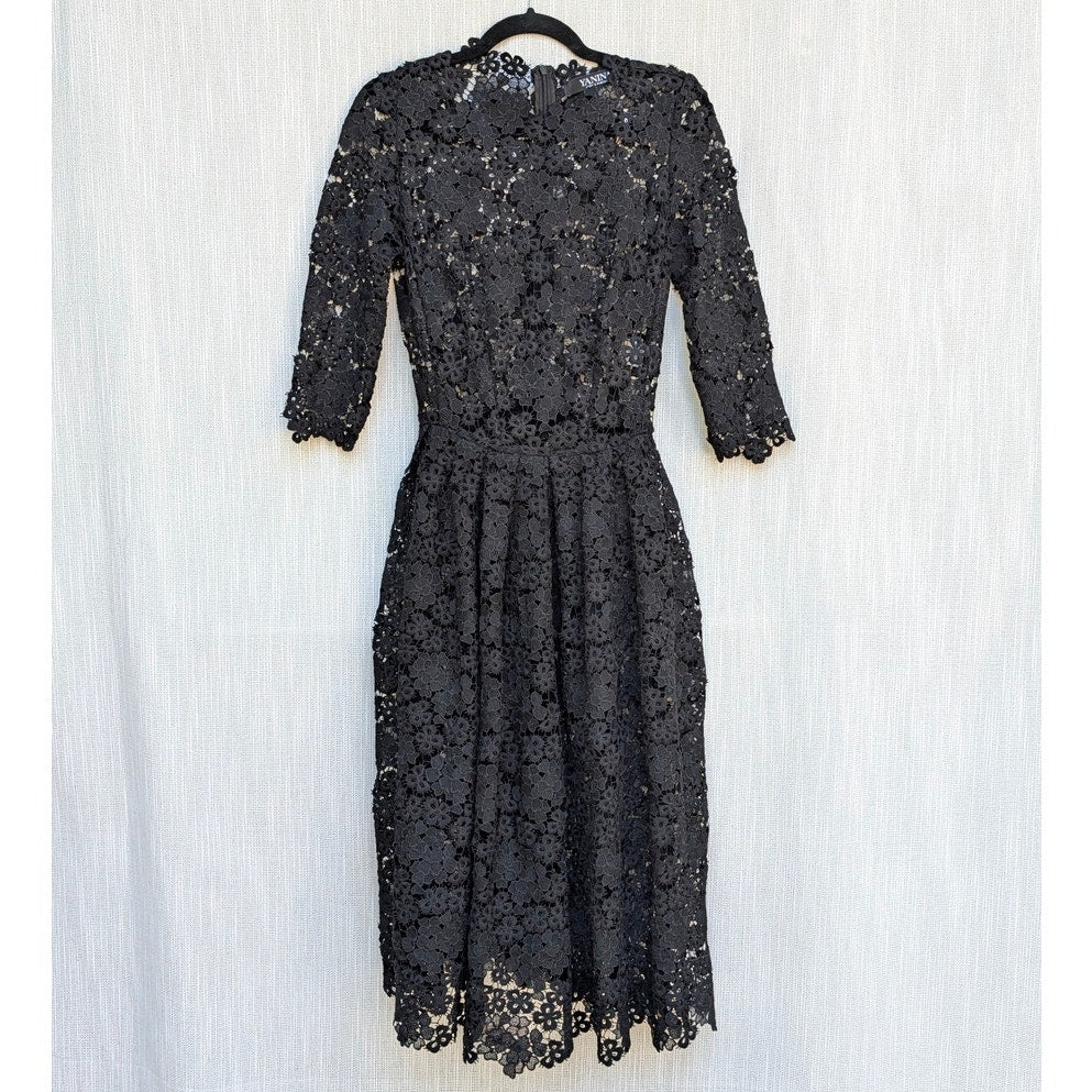 Yanina Prêt-à-porter Lace Dress Womens EU 40/US 8 Black Lace 3/4 Sleeve Midi