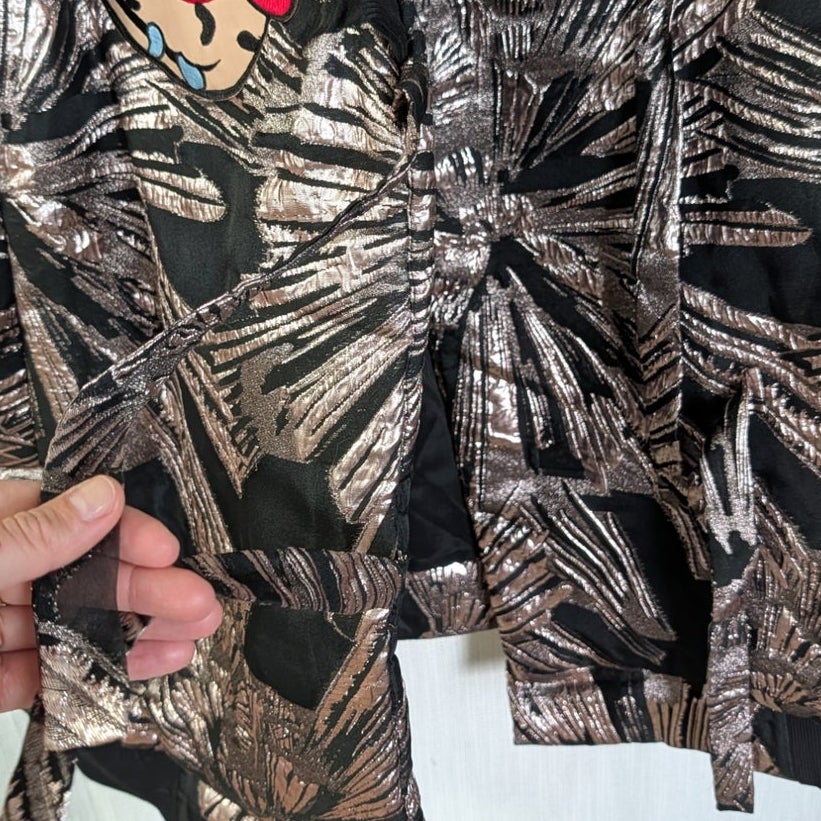 Katya Dobryakova Cat Appliqué Metallic Kimono Bomber Jacket M