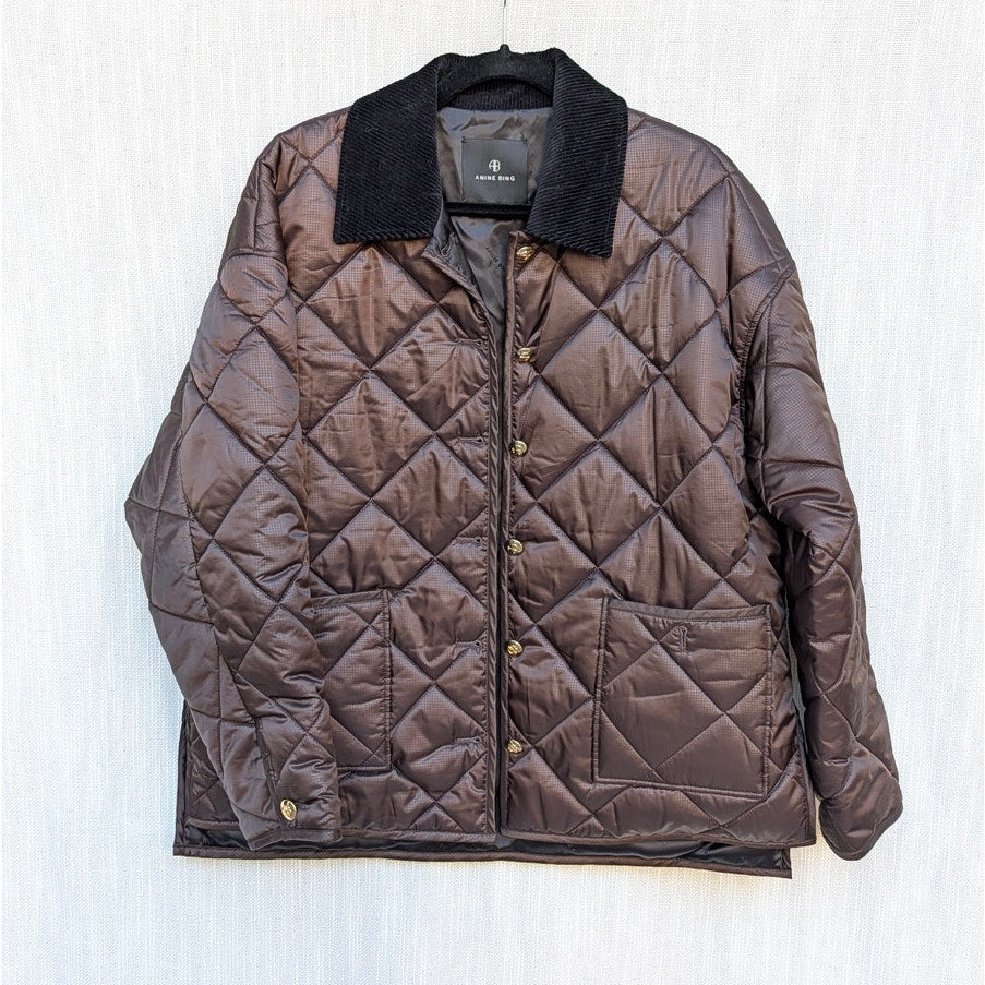 Anine Bing Luca Padded Jacket Womens S Deep Brown Utility Oversized Button Front