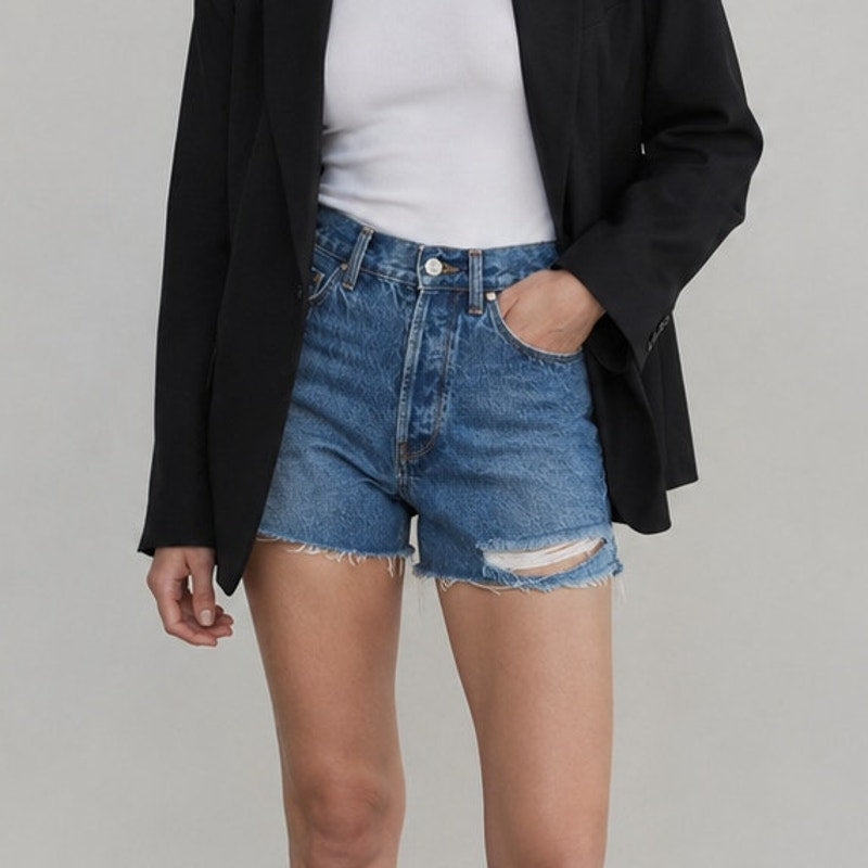 Anine Bing Gina Denim Mini Shorts Womens 27 Blue High-rise Hot