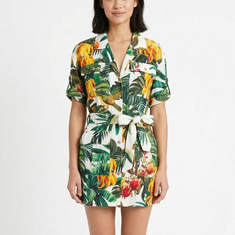 House of Harlow 1960 Dress Womens L Linen Blend Tropical Print Mini Shirt Dress