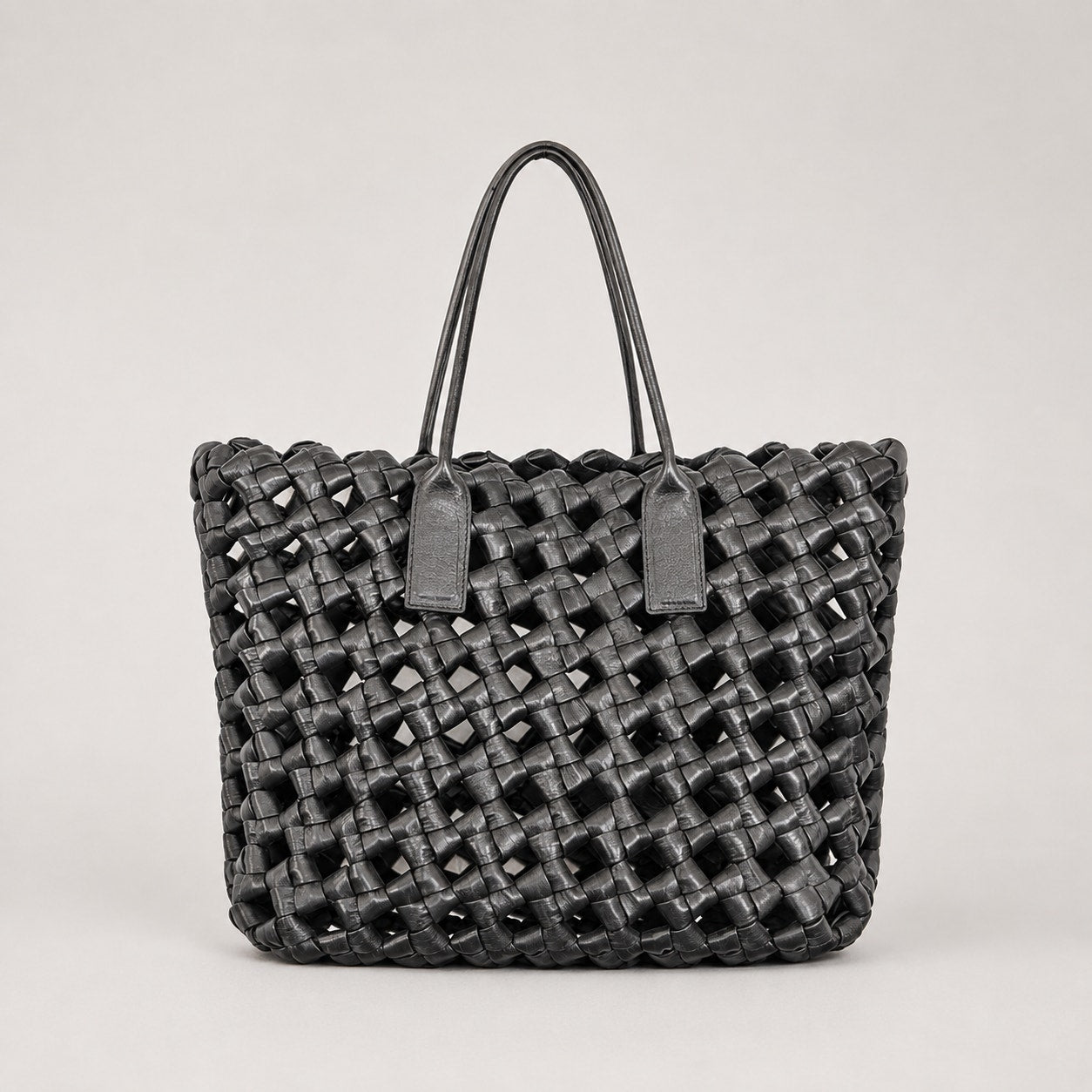 Black Genuine Leather Woven Tote Bag Large Shoulder Handbag Open Top Womens