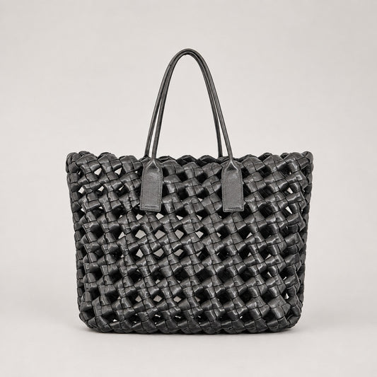 Black Genuine Leather Woven Tote Bag Large Shoulder Handbag Open Top Womens