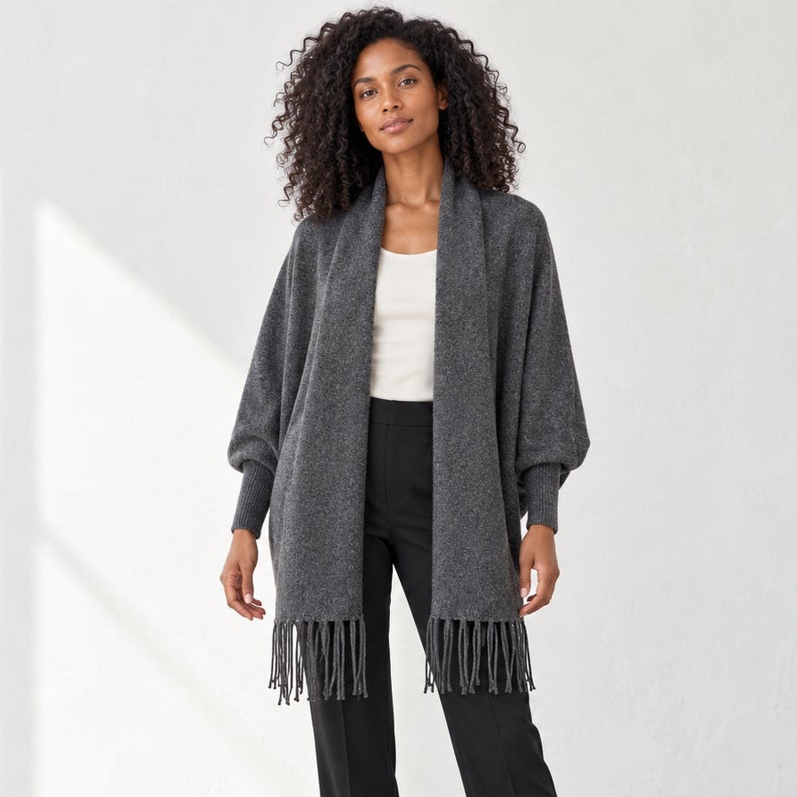 Anthropologie Look by M Fringe Shrug Cape Cardigan Charcoal One Size NWT