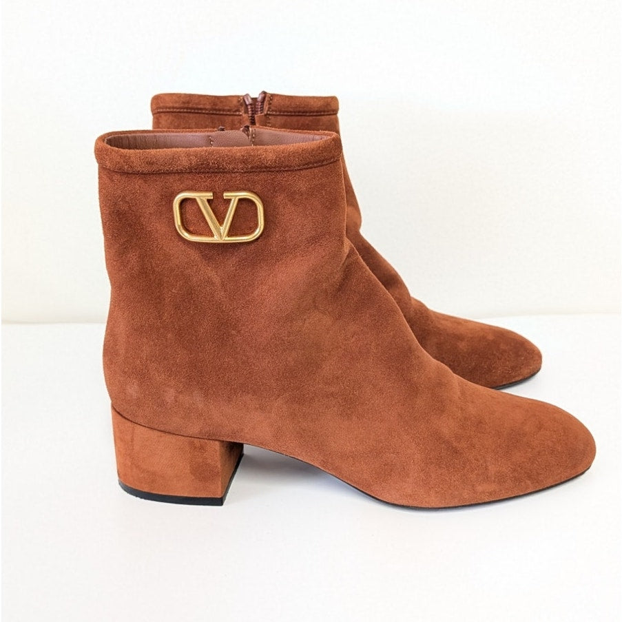 Valentino Garavani VLogo Cognac Suede Ankle Boots Womens EU 40/US 10 Low Heel