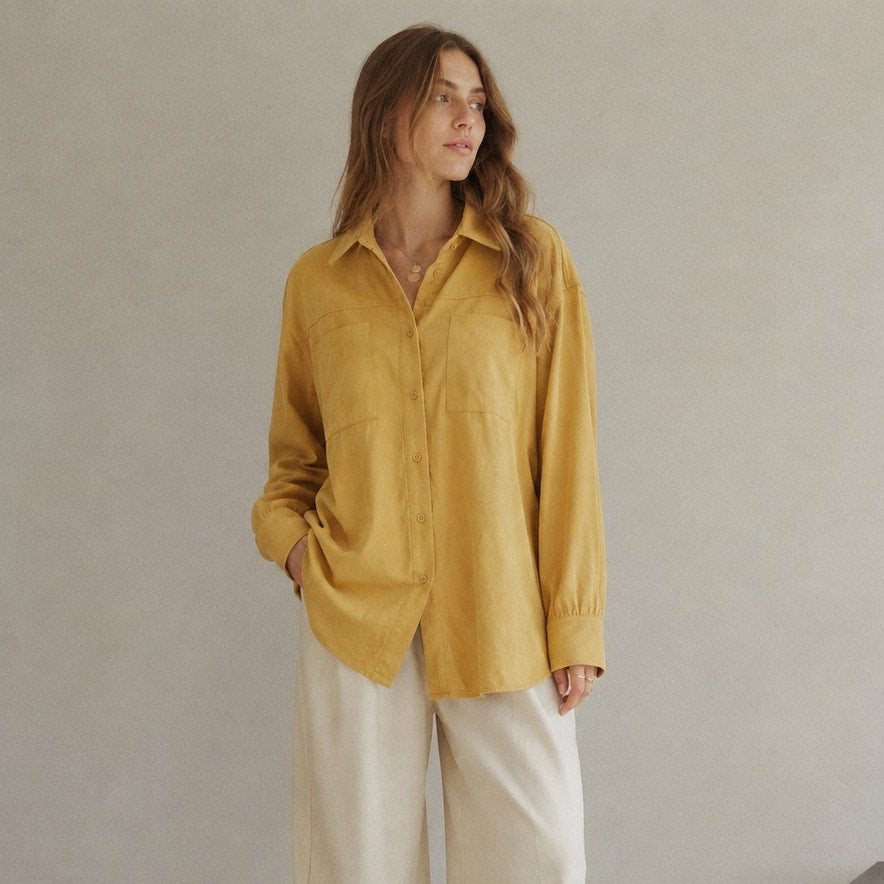 Bagatelle Collection Faux Suede Button Yellow Shirt Shacket Jacket, size M