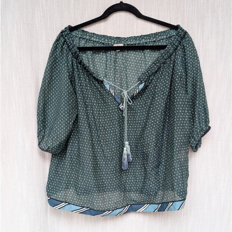 Talitha Green Floral Print Cotton/Silk Off-the-Shoulder Blouse Top, size XS