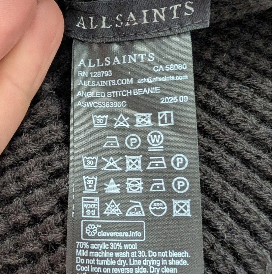 AllSaints Black Knit Winter Set Beanie Scarf Gloves 30% Wool Womens