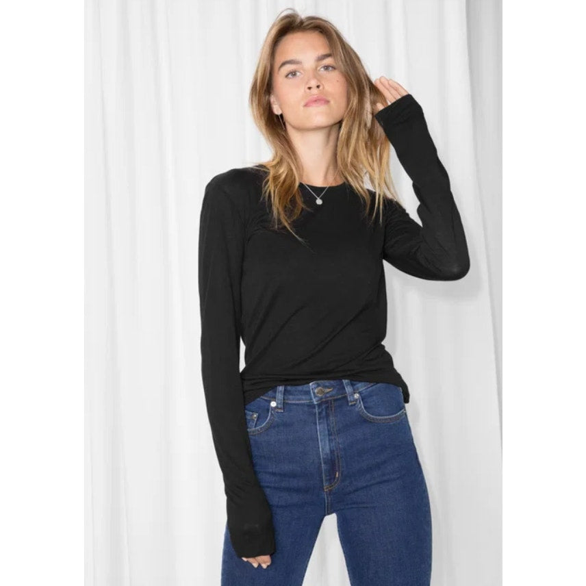 & Other Stories Longsleeve Wool Blend Tee Womens M Black Classic Crewneck