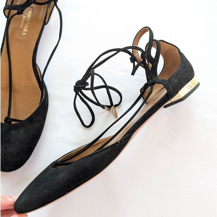 Aquazzura Black Suede Dancer Lace Up Strappy Ballet Flats, Size 38/US8