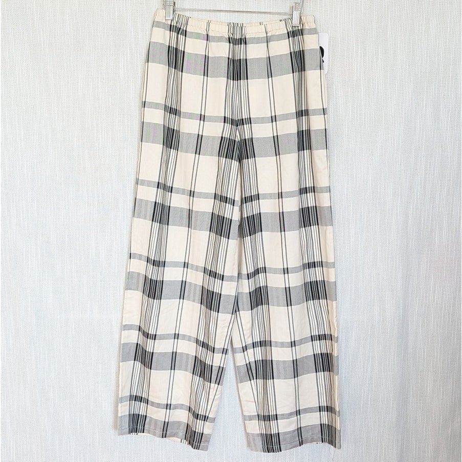 Theory Checked Jacquard Wide-leg Pants Womens M Off-white High-rise Pull On