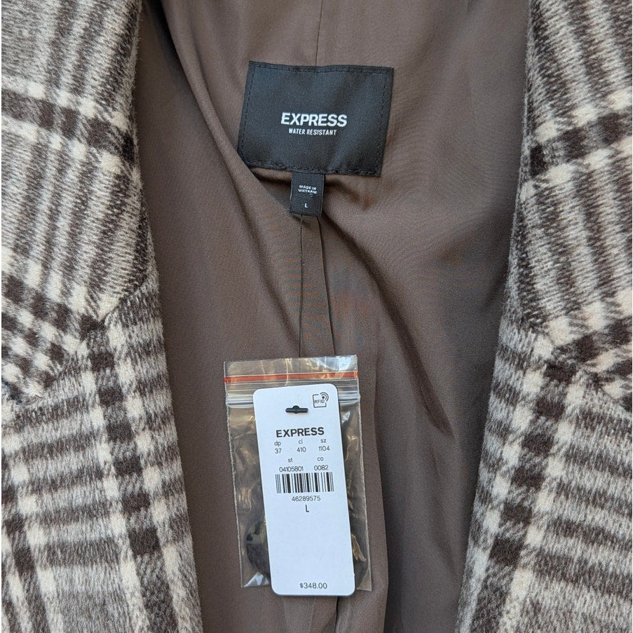 Express Plaid Double-Breasted Wool-Blend Topcoat Unisex Mens L Brown Long NWT