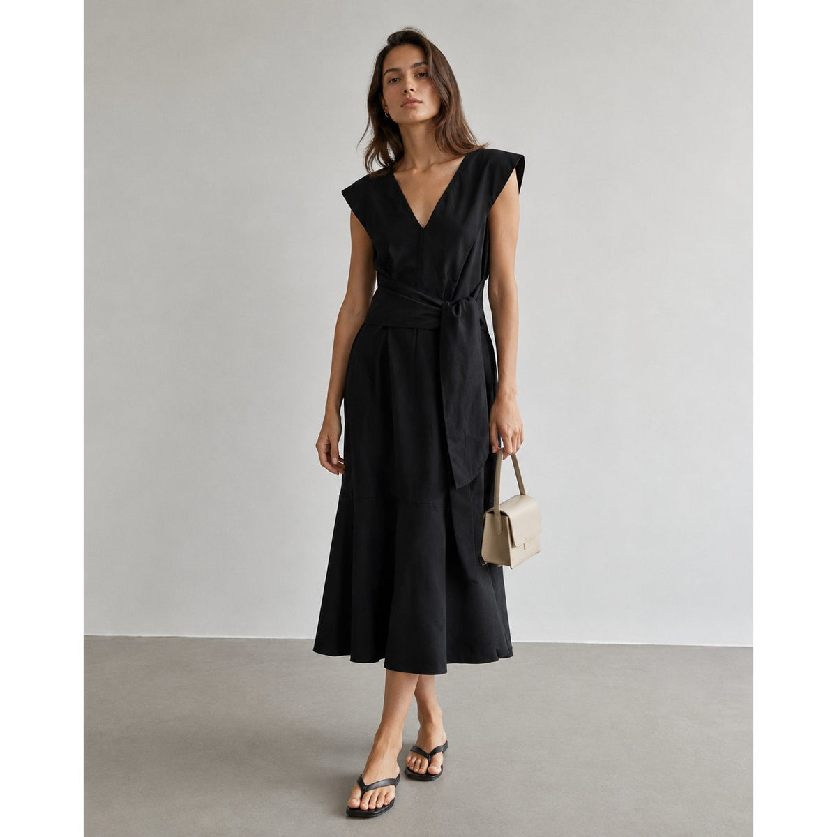 Vince Flutter-Sleeve Tie-Back Midi Dress Womens M Black V-neck Sleeveless