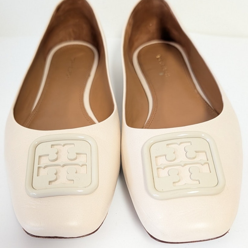 Tory Burch Georgia Ballet Flat Womens 9C Cream Leather Logo Square Toe