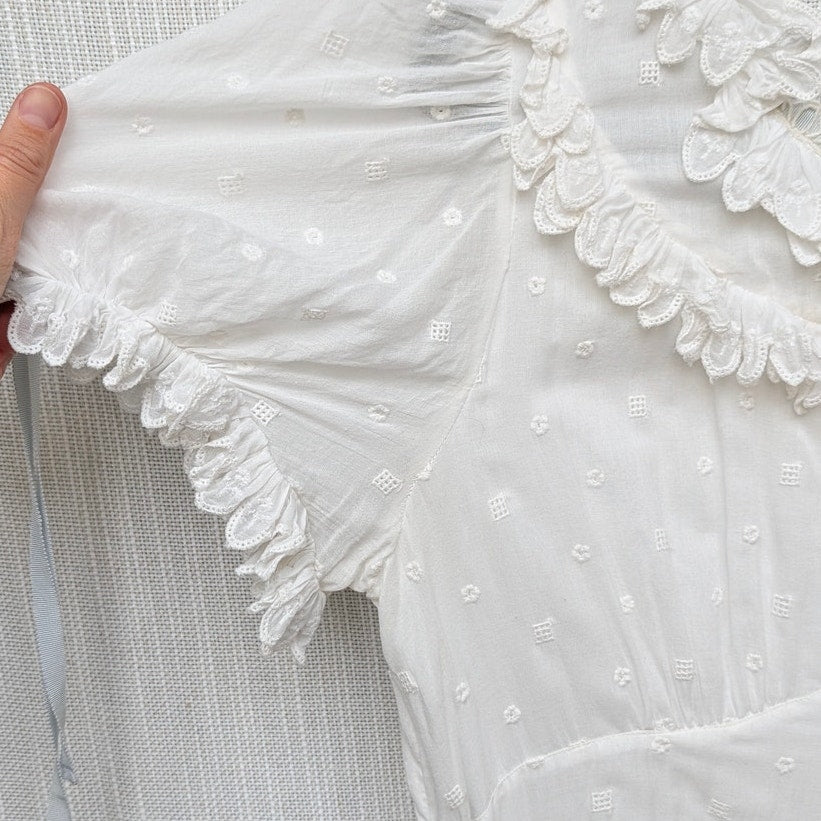 Dôen Doen Fiore Dress Womens L White Cotton Short Sleeve Romantic Ruffle Midi