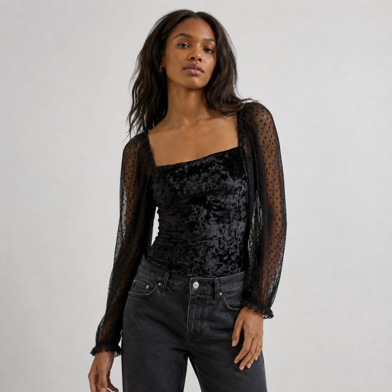 Anthropologie Porridge Black Velvet Lace Tie-Back Blouse Long Sleeve Top, sz XS