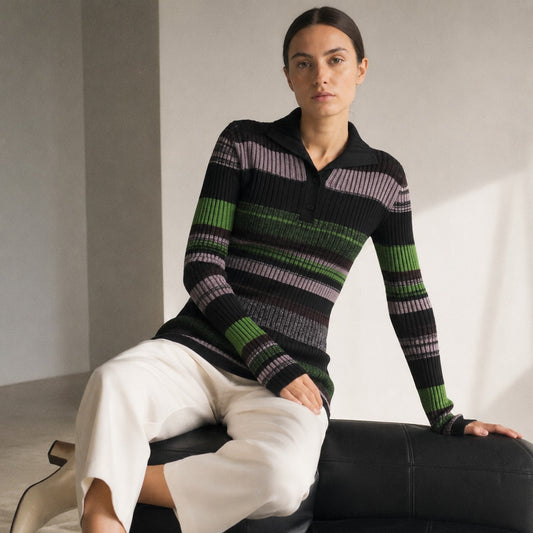 Ganni Button-Front Striped Ribbed-Knit Polo Long Sweater, size XS