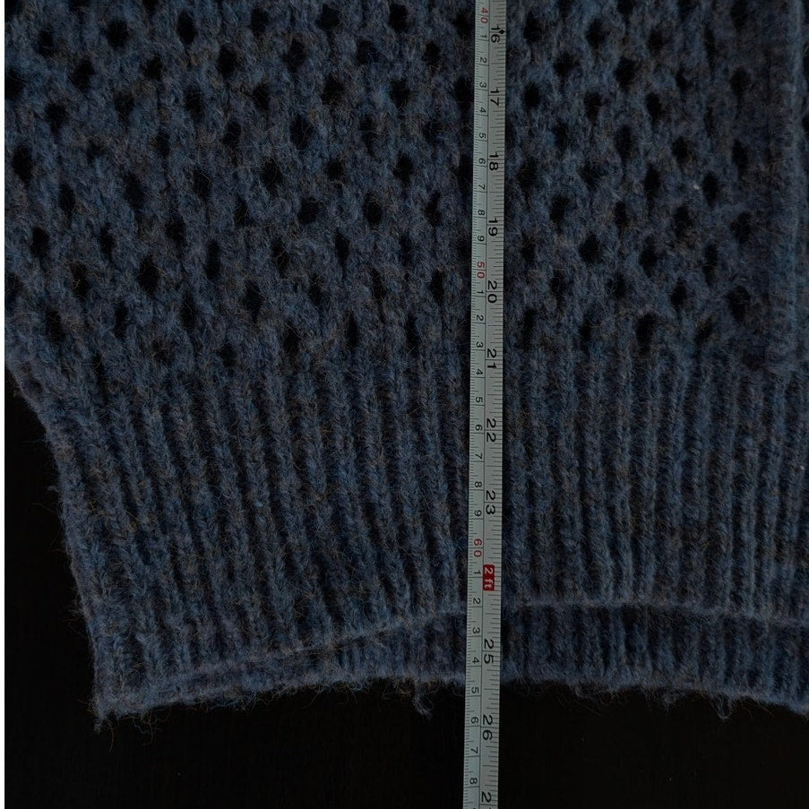 Aqua Blue Wool Blend Open Knit V-neck Long Sleeve Sweater, size XL