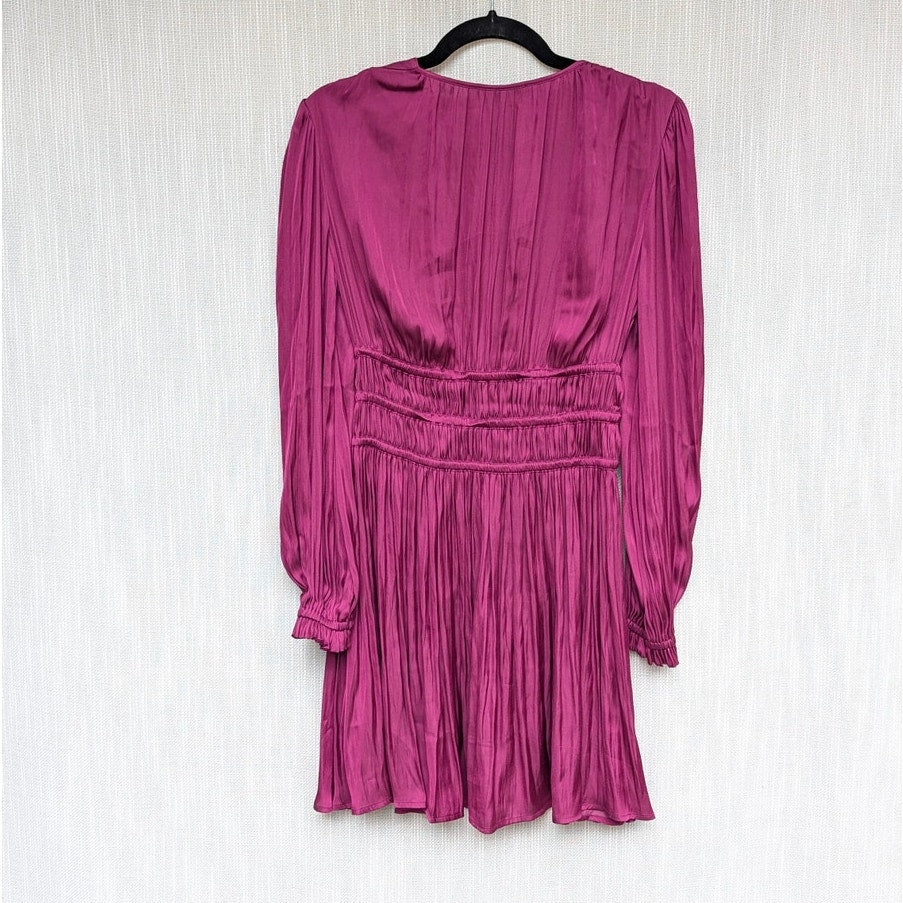 Maje Rianne Flowing Satin Mini Dress Womens FR 36/ S Purple V-neck Long Sleeve