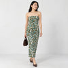 Reformation Green Blue Abstract Floral Strapless Stretch Midi Dress XS