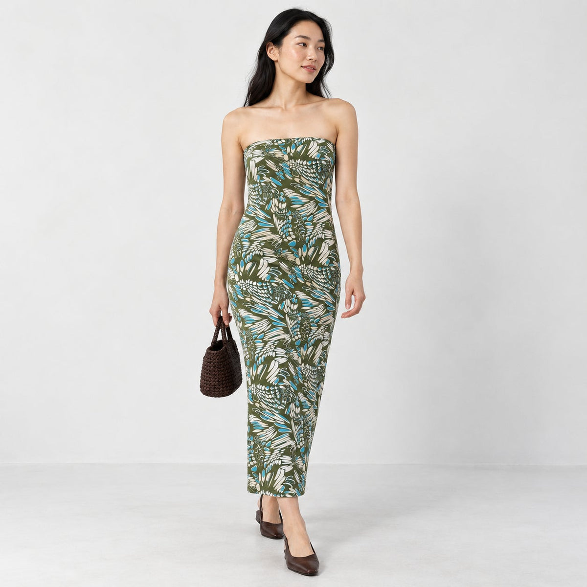 Reformation Green Blue Abstract Floral Strapless Stretch Midi Dress XS