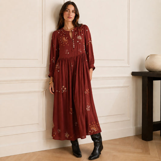Johnny Was Workshop Maxi Dress S 100% Silk Embroidered Celestial Zodiac Midi