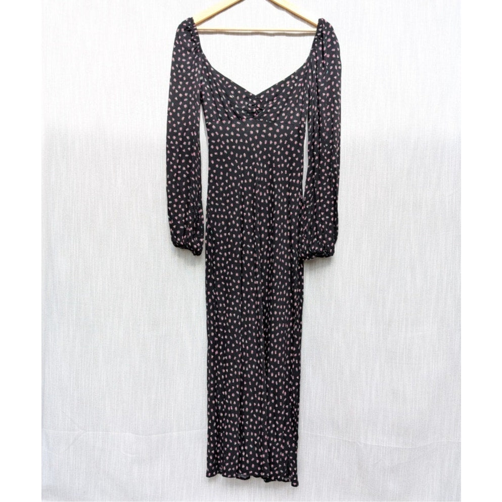 AFRM Black Floral Print Trixie Long Ballon Sleeve Midi Maxi Dress, size M