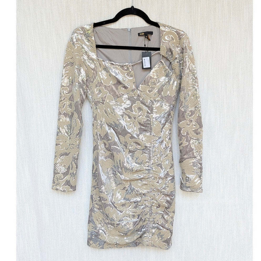 Maje Argent Raneli Dress FR 36/S Silver Sequin-embroidered Velvet Mini NWT