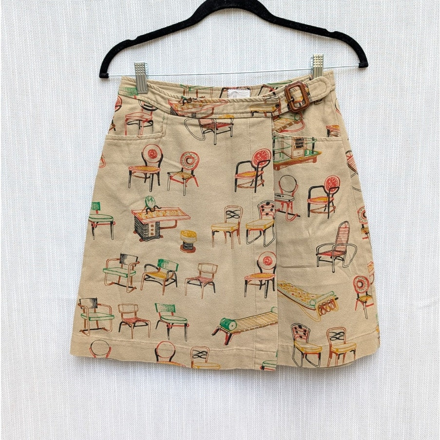 Anthropologie Postmark Beige Cotton Chairs Canvas A-line Wrap Mini Skirt, size 2
