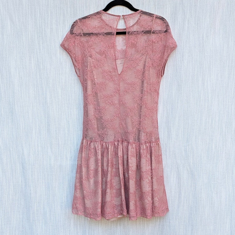 RED Valentino Lace Dress Womens IT 48/ L Pink Belted Short Sleeve Ruffle Mini