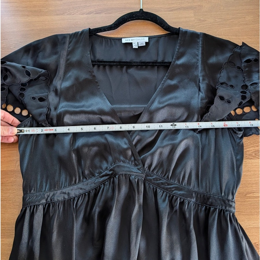 See by Chloe Silk Cutwork Detail Dress Womens 6 Black V-neck Short Sleeve Mini